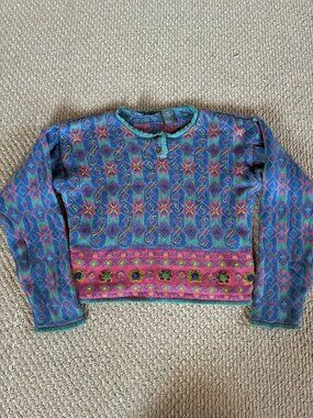 Vintage Liz Wear Beaded Southwestern Cotton Sweater Size Petite M READ
